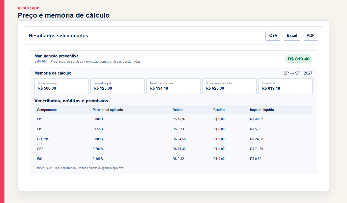 Exemplo de tela do SIMULEI com pre&ccedil;o final e mem&oacute;ria de c&aacute;lculo detalhada